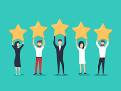 Five Stars Rating Flat Style Vector Concept. People Are Holding